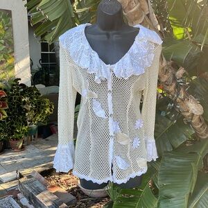 Zephyr , crochet net and lace and 3-D floral appliqué cardigan or top
